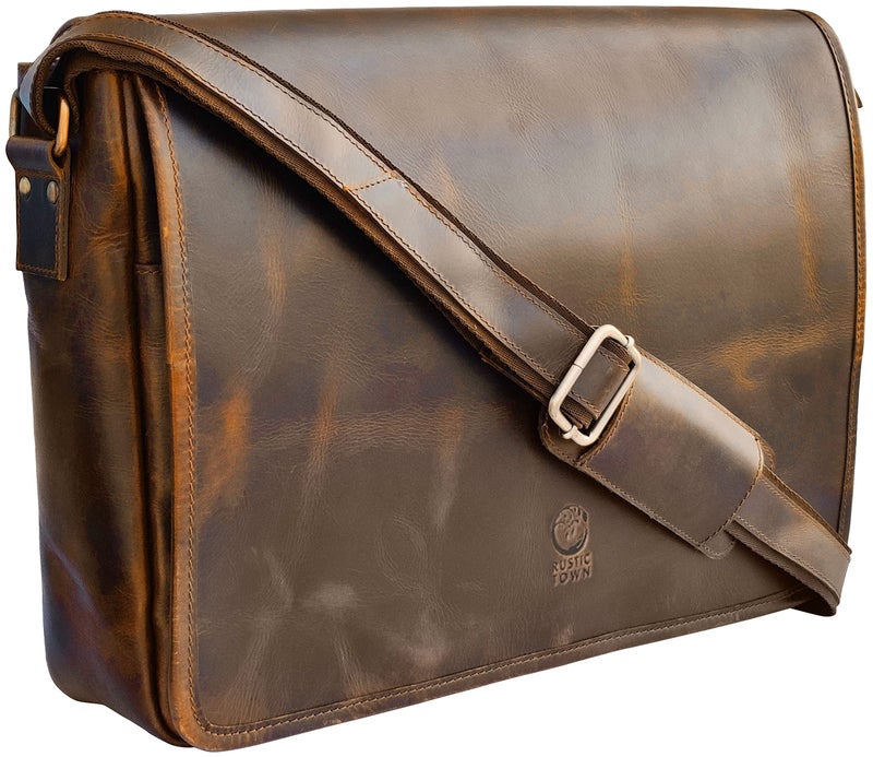 RUSTIC TOWN Leather Messenger Bag for Men Women - Full Grain Leather Laptop Satchel Office Shoulder Bag (16-Inch, Brown) - Image 1